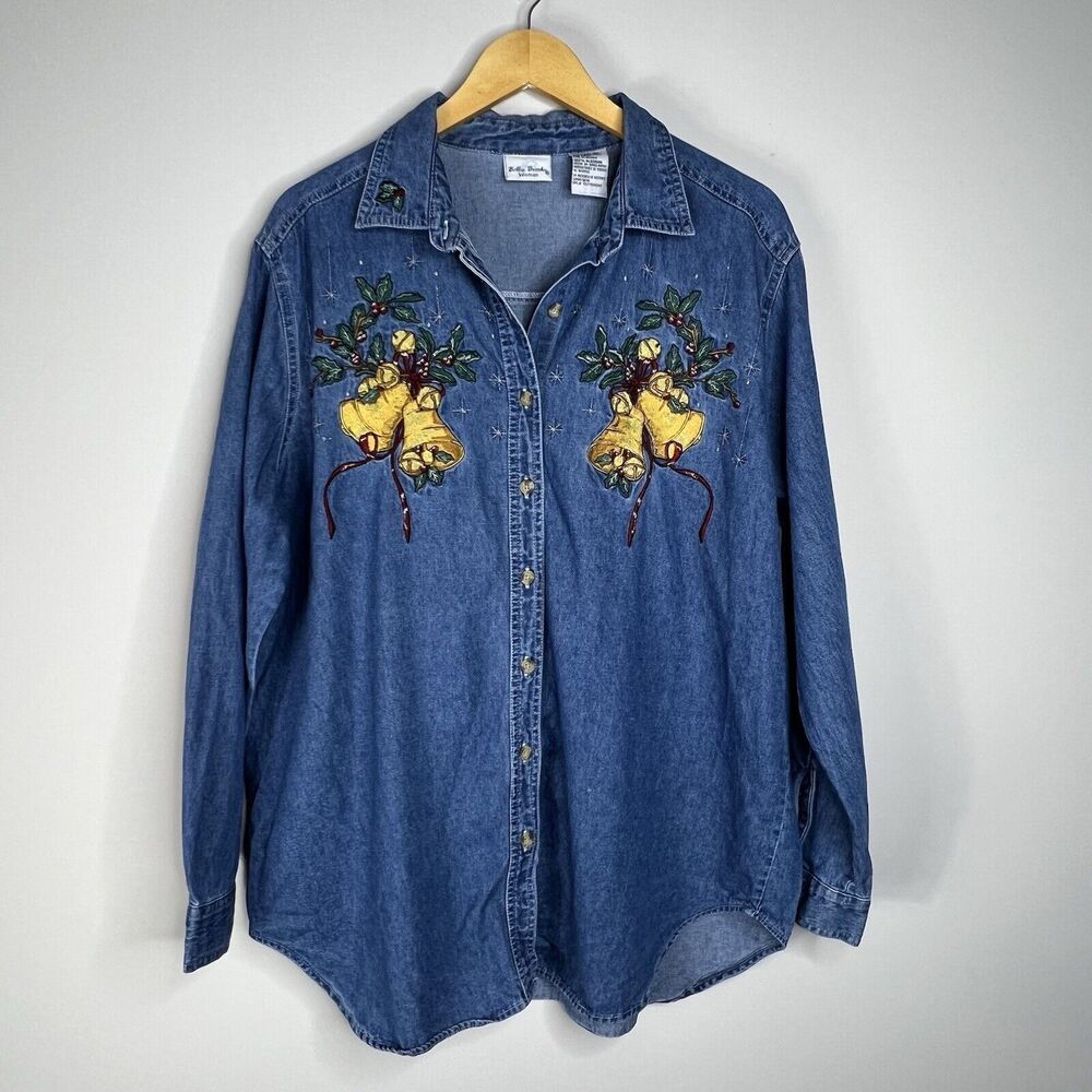 Bobbie Brooks Top Denim Shirt Long Sleeve 14W/16W Christmas Bells Embroidered